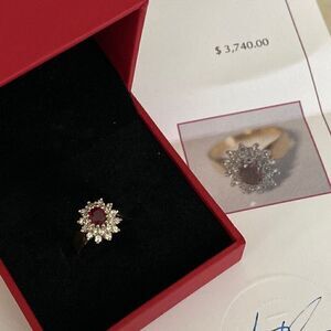 14K Natural Burmese Ruby & Diamond Cluster Ring